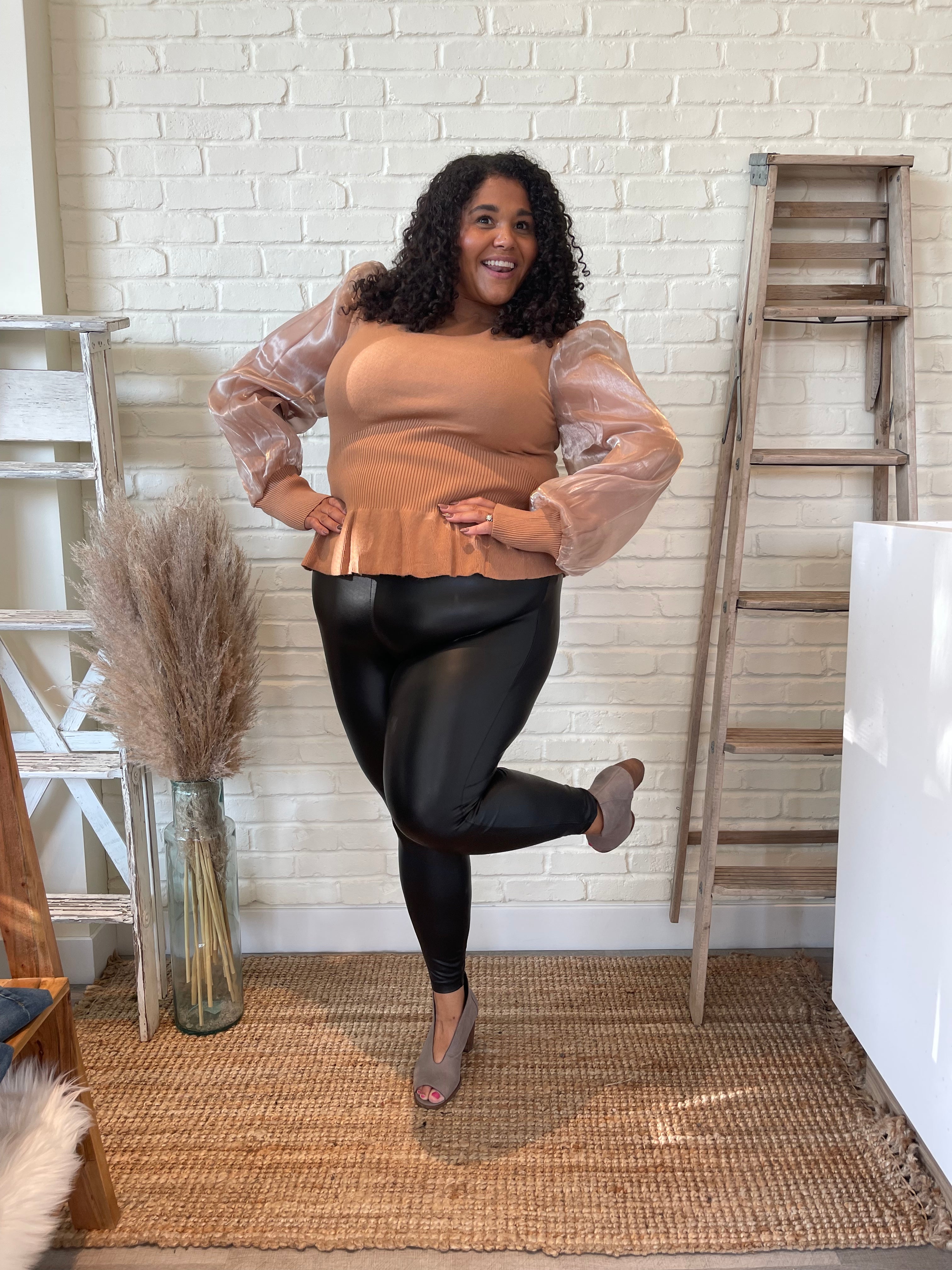 Hallie Long Sleeve Sheer  Knit Sweater In Taupe