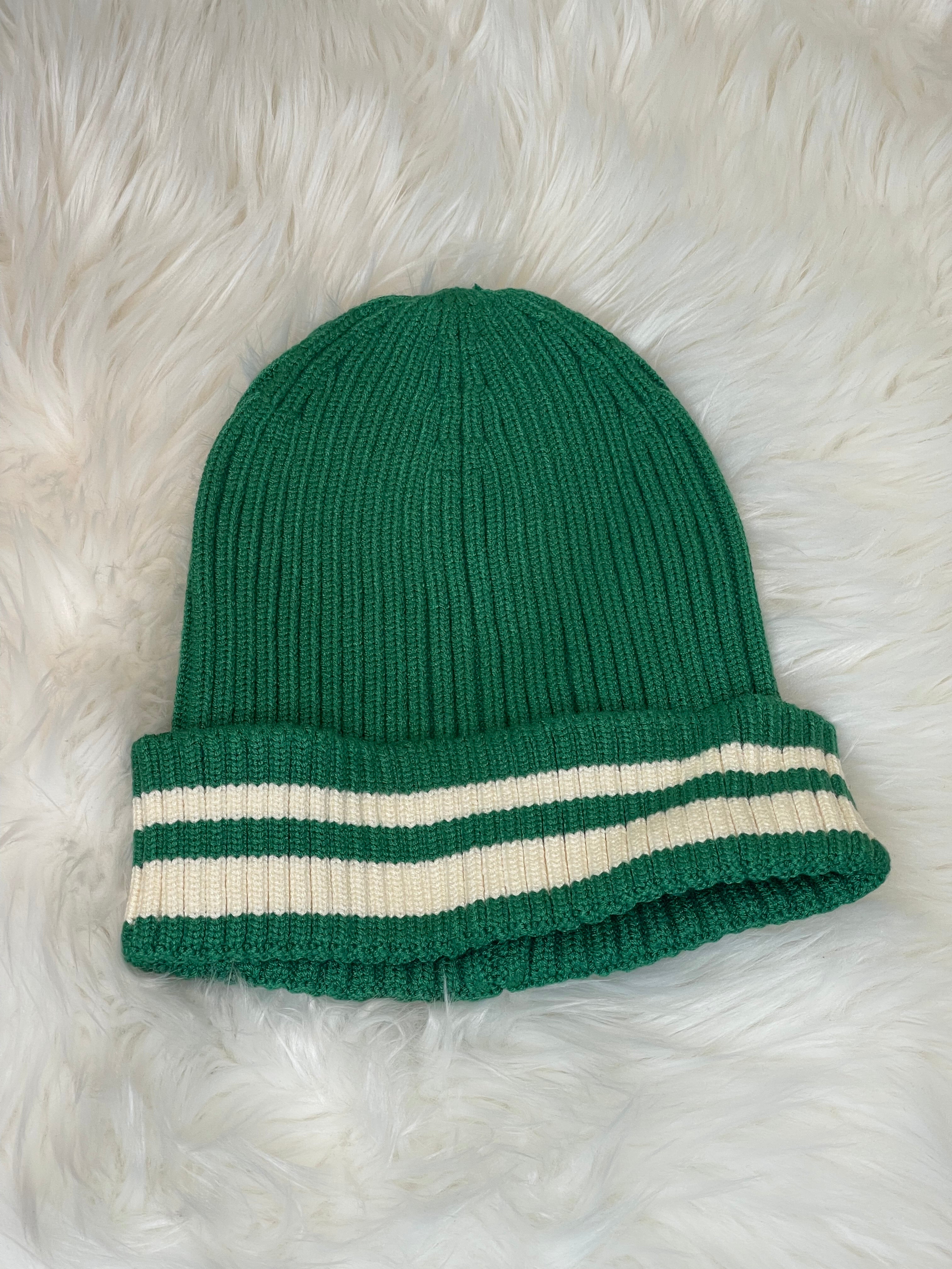 Double Striped Ribbed Beanie - Green